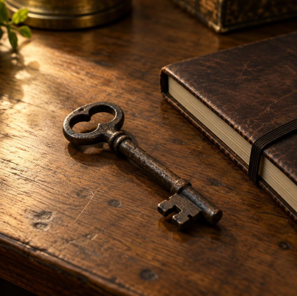 Vintage skeleton key resting on an old wooden desk