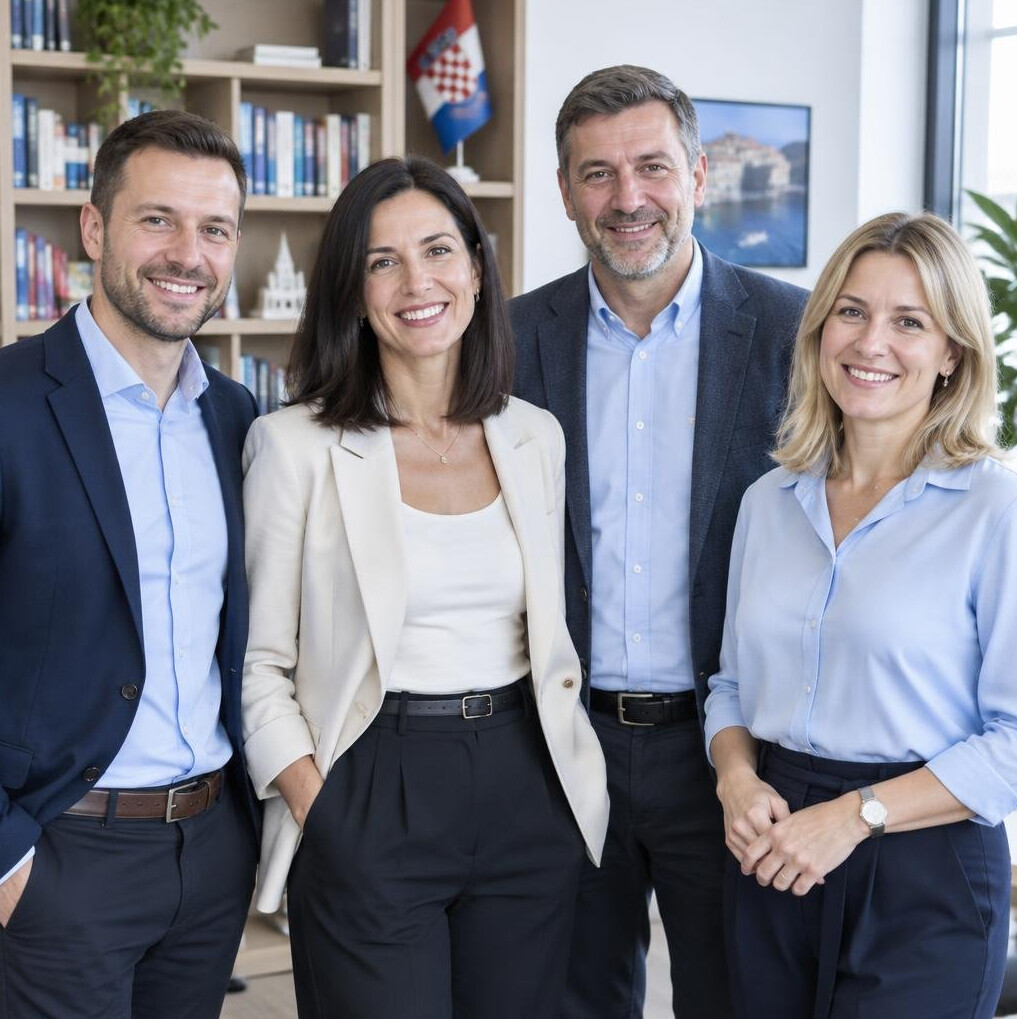 Small group of Croatian editorial team members standing together indoors