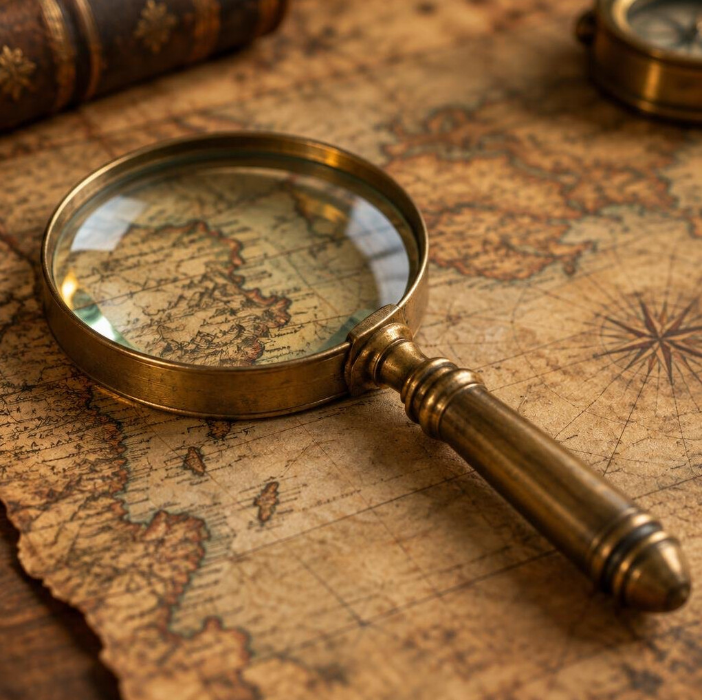Antique magnifying glass resting on an old map