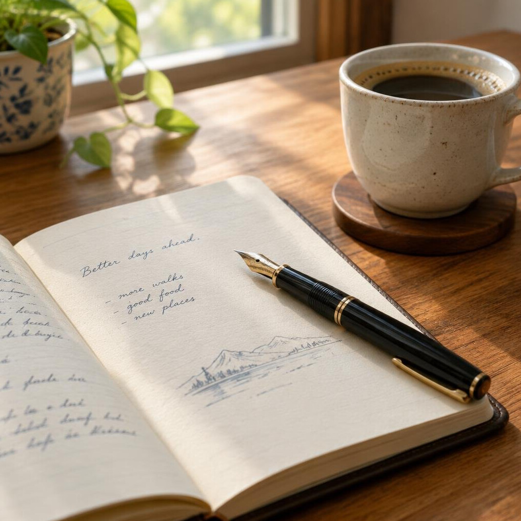 Handwritten notebook pages with a fountain pen beside a cup of coffee