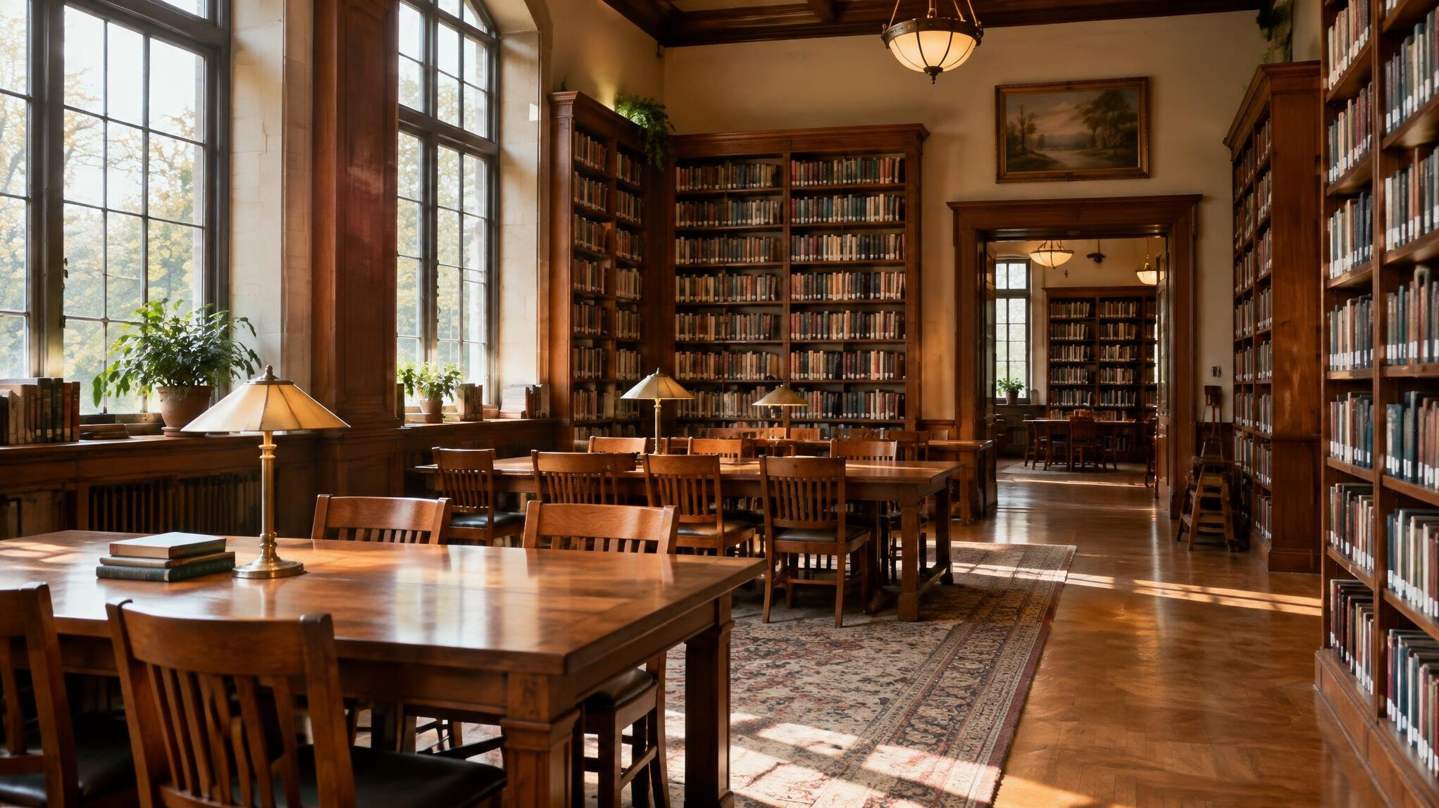 Quiet empty library reading room with tall bookshelves