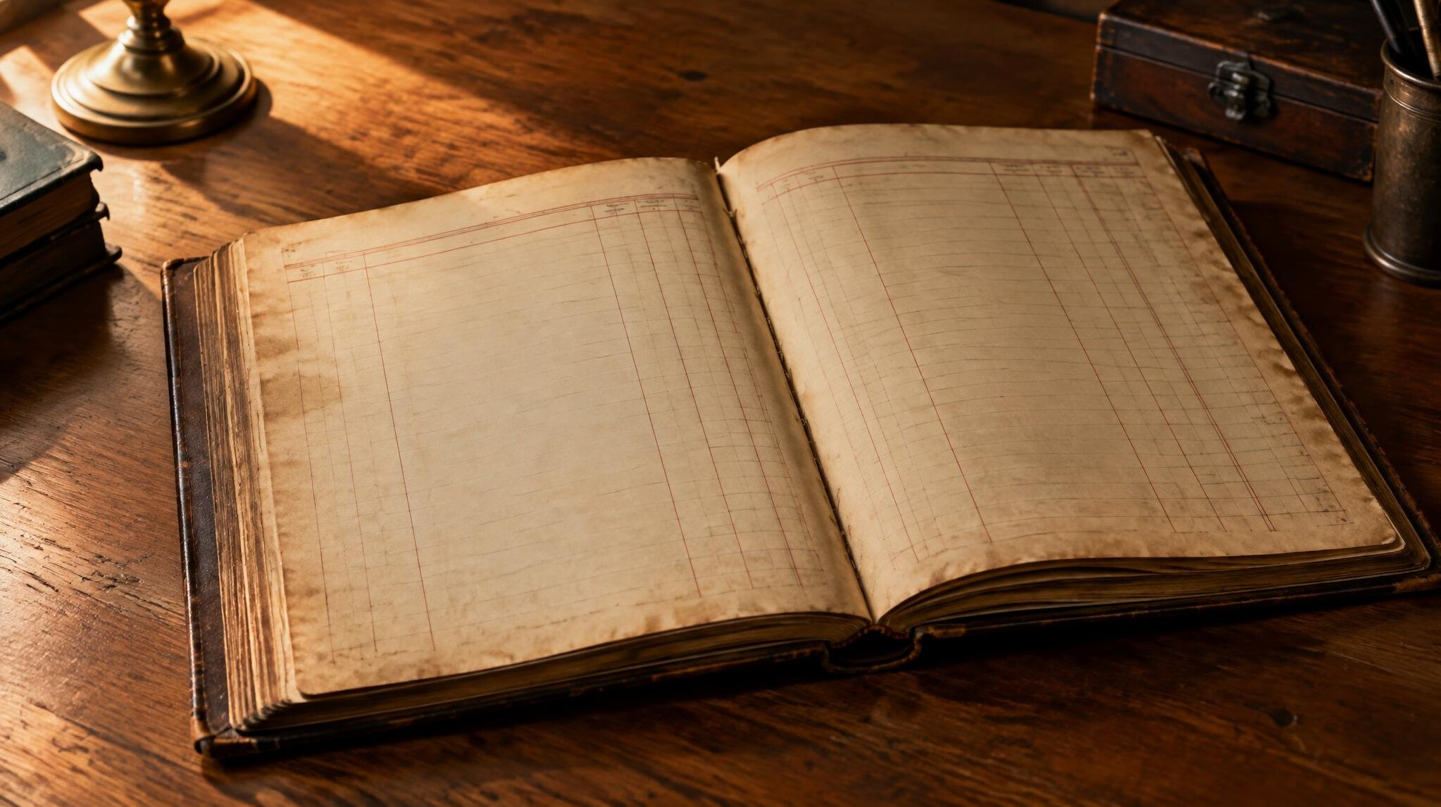 Old leather-bound ledger book lying open on a desk