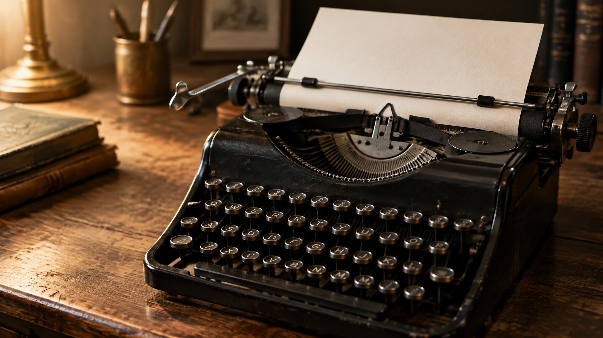 Vintage typewriter with a sheet of paper on a wooden desk