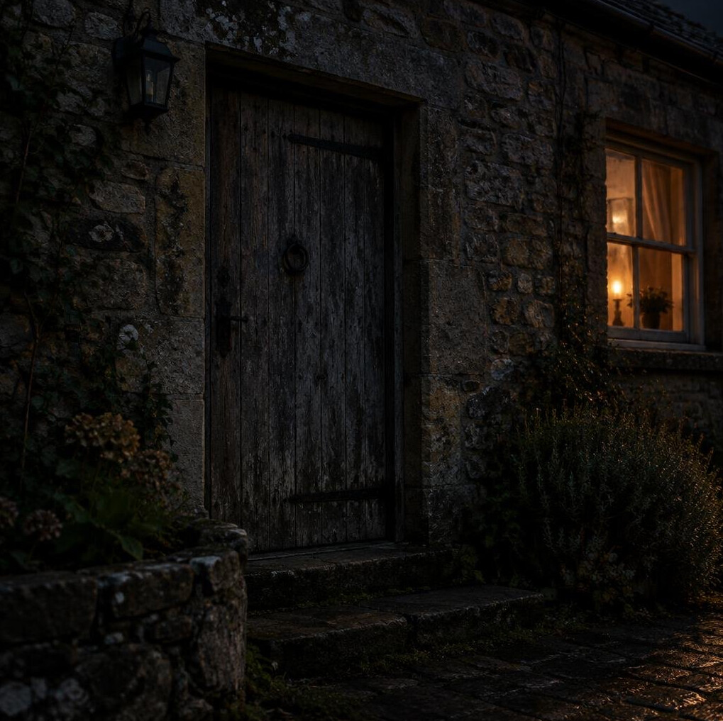 Old wooden door of a stone house at night