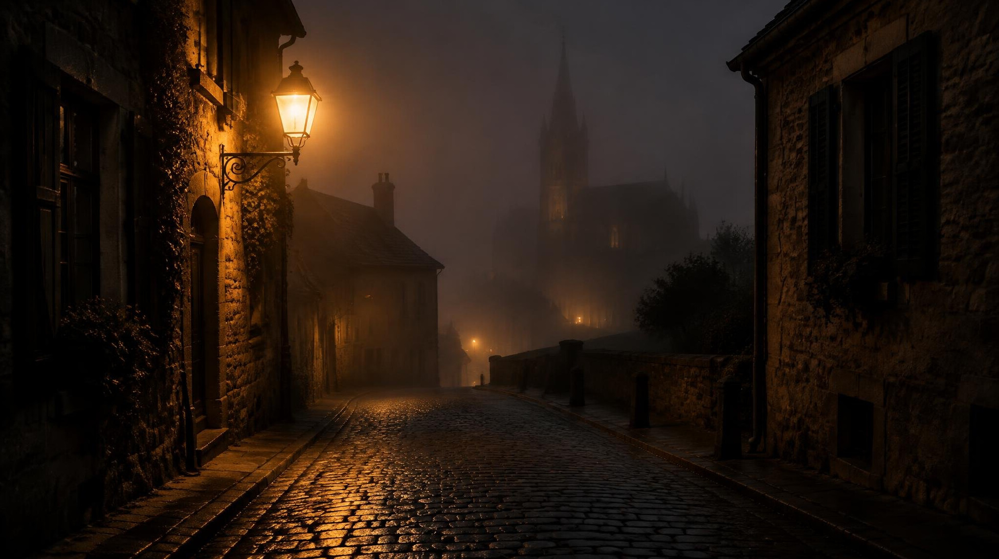 Foggy old European street at night with a single streetlamp