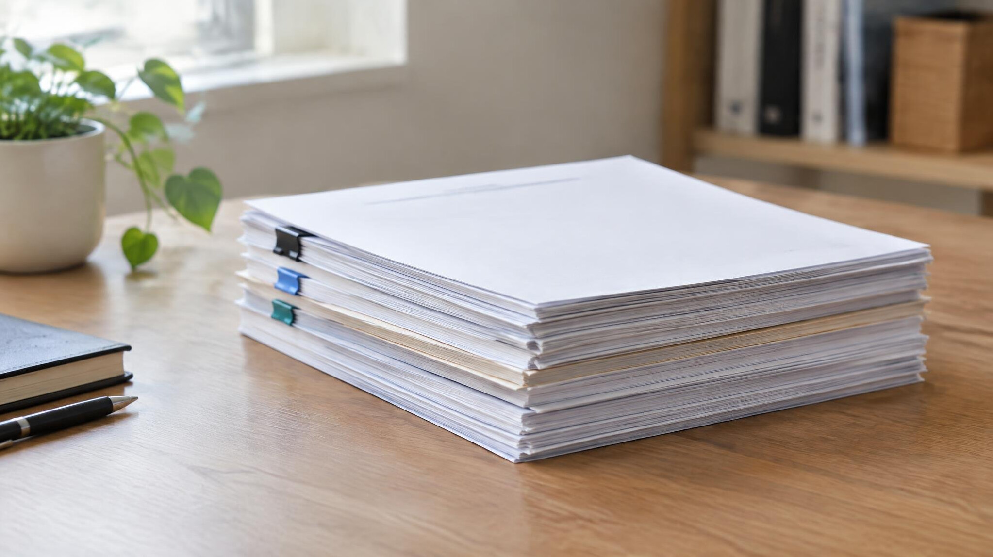 Stack of paper documents on a wooden desk