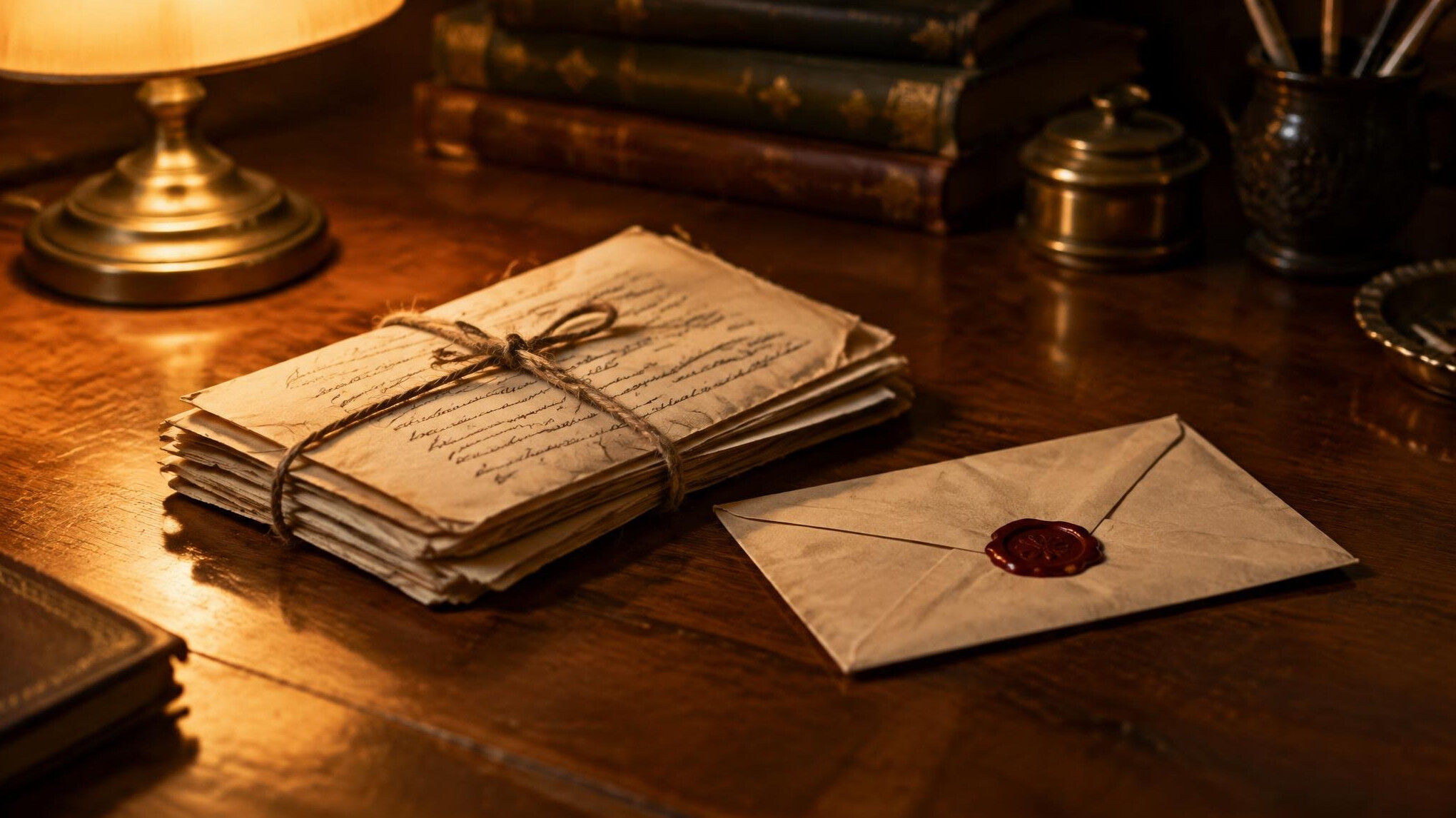 Old letters and a sealed envelope on a writing desk