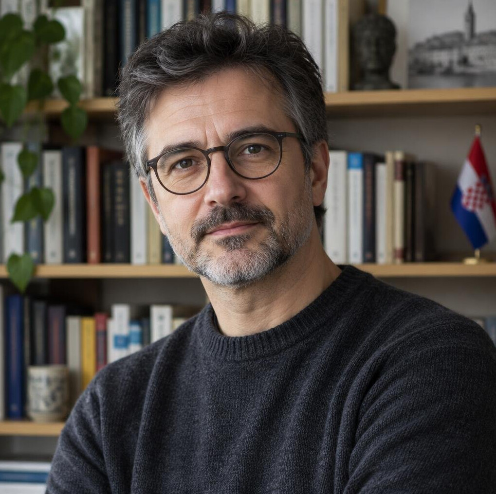 Portrait of a thoughtful Croatian male writer in his forties wearing glasses
