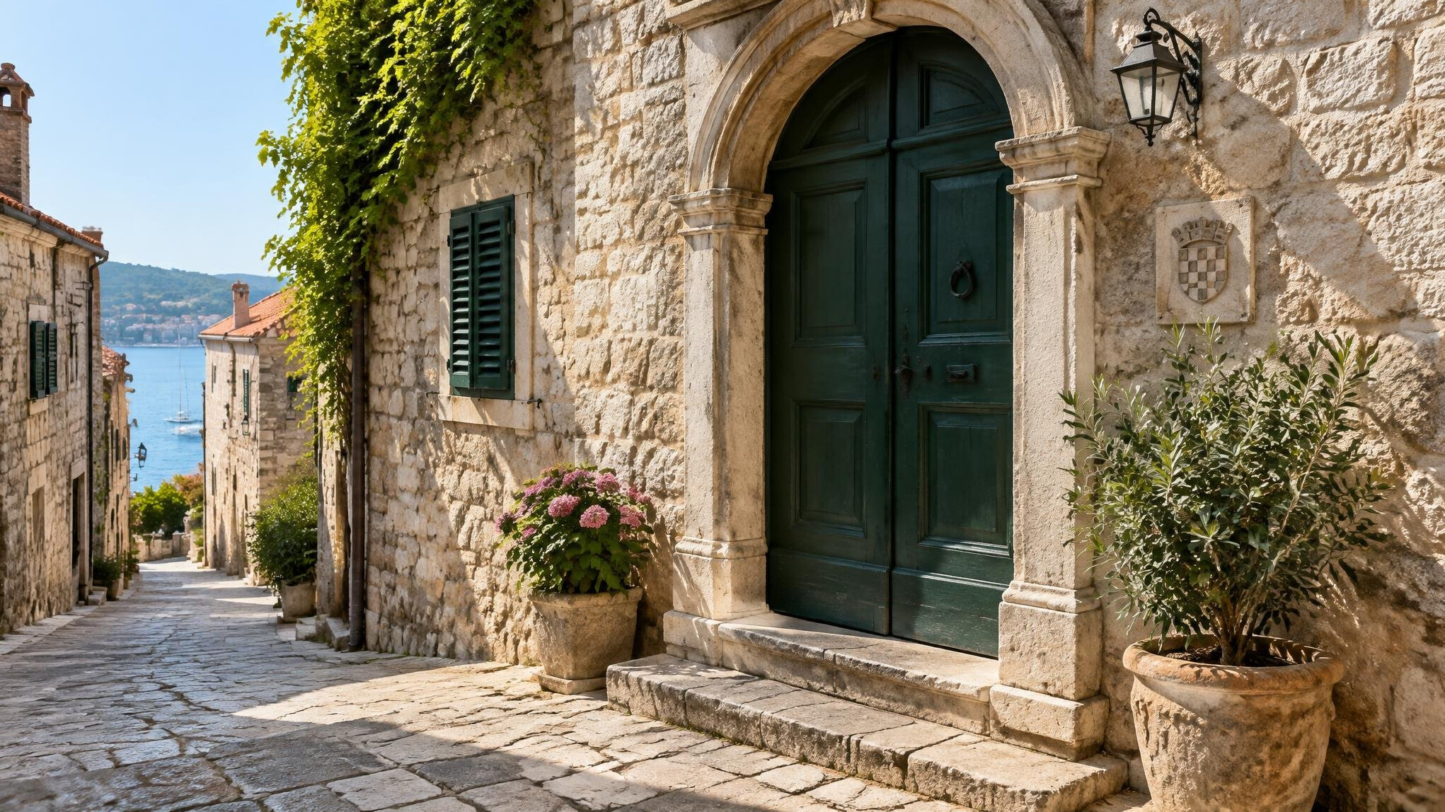 Old stone building entrance on a quiet Croatian street in daylight